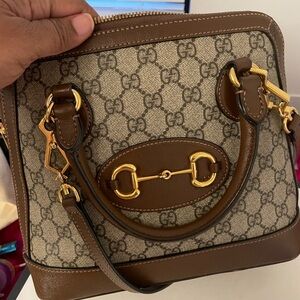 Gucci Beige and Brown Shoulder Bag with Gold Accents